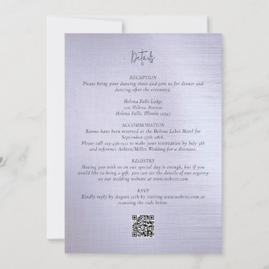 Lavendel Paarse Folie Alles in één QR-bruiloft Kaart (Achterkant)