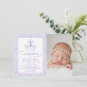 Lavendel Paarse foto doopuitnodiging Kaart (Staand voorkant)