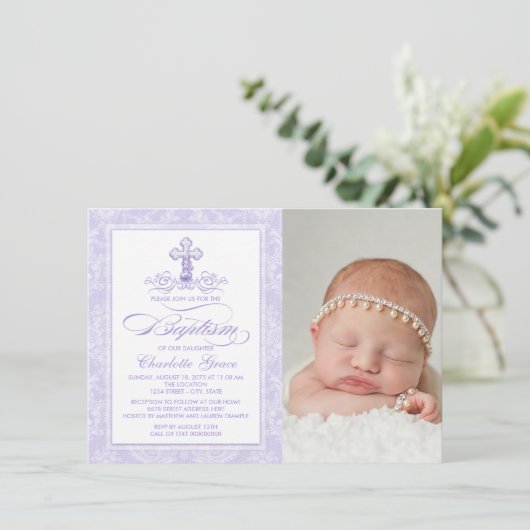 Lavendel Paarse foto doopuitnodiging Kaart (Staand voorkant)