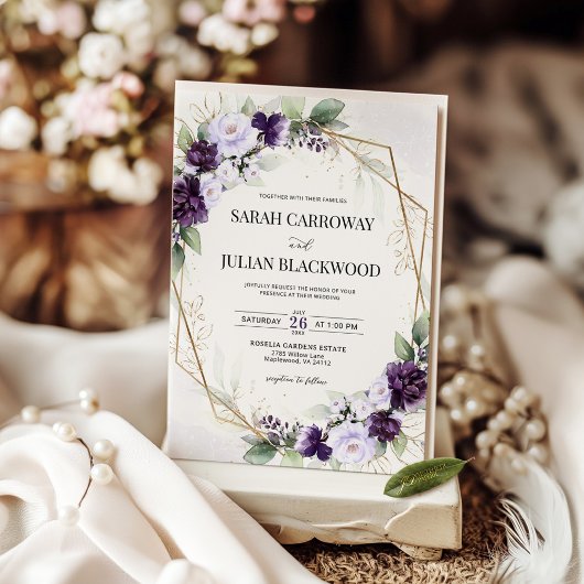 Lavendel Paarse geometrische huwelijksuitnodiging Kaart