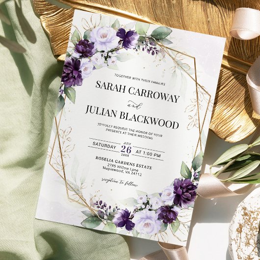 Lavendel Paarse geometrische huwelijksuitnodiging Kaart