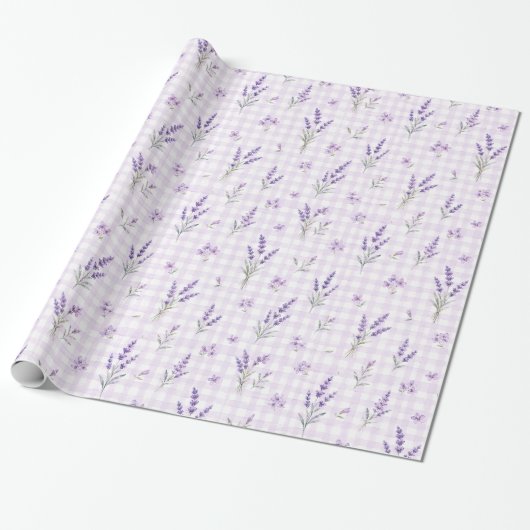 Lavendel Paarse Gingham Waterverf Bloem Geschenkve Cadeaupapier (Uitgerold)