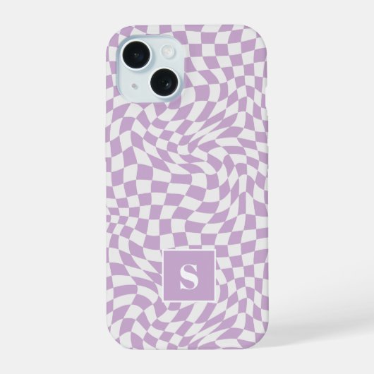 Lavendel Paarse Golfjes Geruite Monogram iPhone 15 Case (Achterkant)