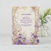 Lavendel Paarse & Gouden Bloemen Elegante Bruiloft Kaart (Staand voorkant)