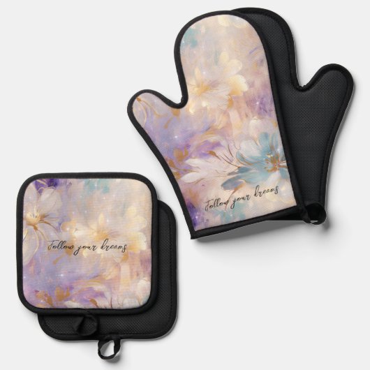 Lavendel Paarse Gouden Glam Bloemen Bruiloft Ovenwant & Pannenlap Set (Voorkant / Achterkant)