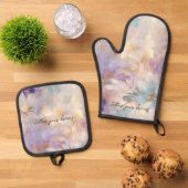 Lavendel Paarse Gouden Glam Bloemen Bruiloft Ovenwant & Pannenlap Set (Top down)