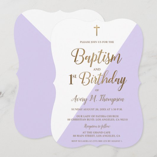 Lavendel Paarse Gouden Kruis Doop 1e Verjaardag Kaart (Voorkant / Achterkant)