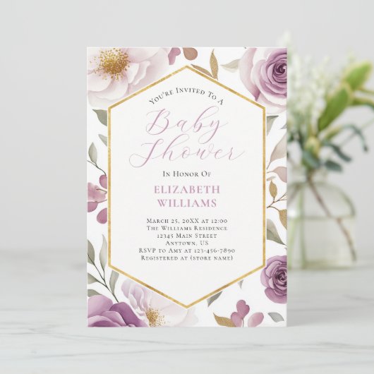 Lavendel Paarse Gouden Rozen Pioenen Baby shower Kaart (Staand voorkant)