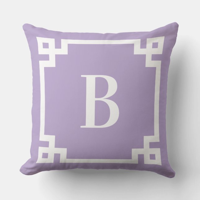 Lavendel Paarse Griekse Sleutelrand Monogram Buitenkussen (Voorkant)