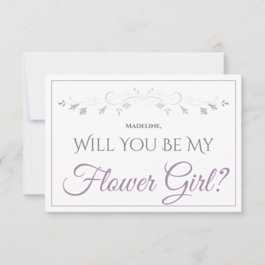 Lavendel Paarse & Grijs Be Mijn Bloemenmeisje Kaar Kaart (Voorkant)