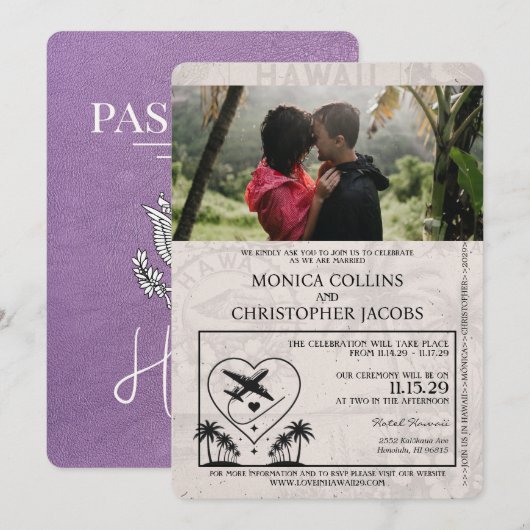 Lavendel Paarse Hawaii Passport bruiloft uitnodigi Kaart (Voorkant / Achterkant)
