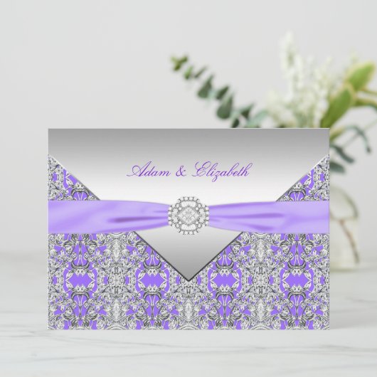 Lavendel Paarse Lace Diamond Ribbon bruiloft Kaart (Staand voorkant)