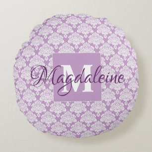 Lavendel Paarse Lacy Damask Chic Monogram & Naam Rond Kussen