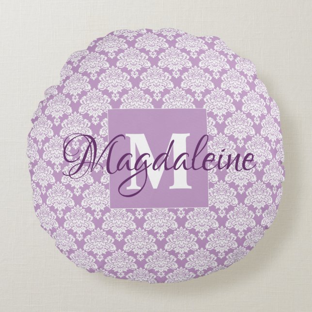 Lavendel Paarse Lacy Damask Chic Monogram & Naam Rond Kussen (Voorkant)