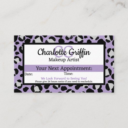Lavendel Paarse luipaard Lash & make-up afspraak Visitekaartje (Voorkant)
