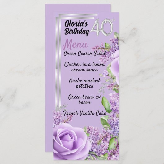 Lavendel paarse mijlpaal 40e verjaardagsmenu menu (Voorkant / Achterkant)