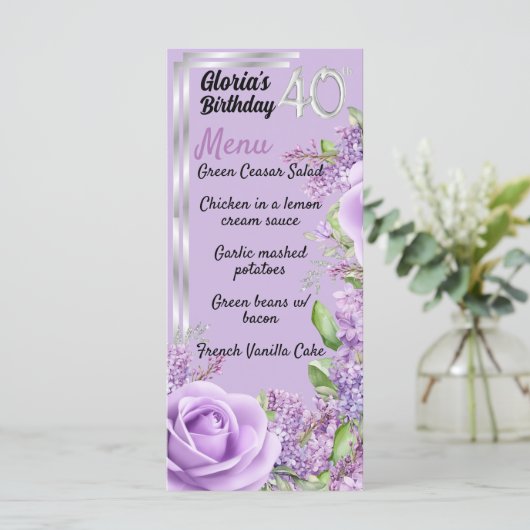 Lavendel paarse mijlpaal 40e verjaardagsmenu menu (Staand voorkant)