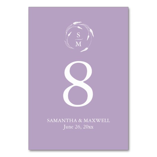 Lavendel Paarse Monogram Trouwtafel Nummer Kaart (Voorkant)