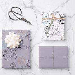 Lavendel Paarse Nachtuilen Inpakpapier Vel