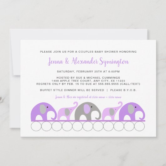Lavendel Paarse Olifanten Koppels meisje Baby show Kaart (Voorkant)