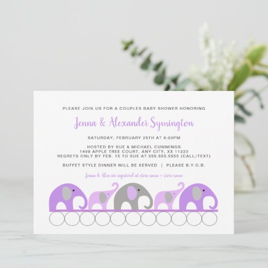 Lavendel Paarse Olifanten Koppels meisje Baby show Kaart (Staand voorkant)