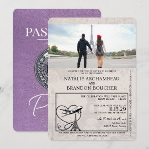 Lavendel Paarse Paris Passport Wedding Kaart