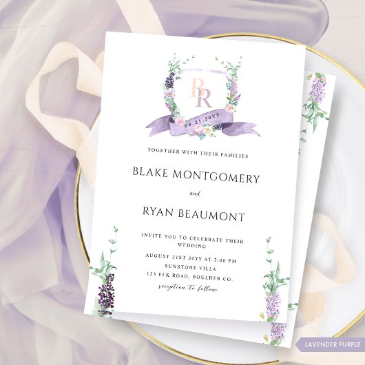 Lavendel, Paarse, Pastel Bloemen Monogram Huwelijk Kaart