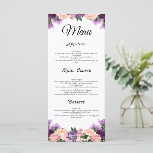 Lavendel Paarse Perzik Roze Bloemen Wedding Menu (Staand voorkant)