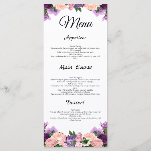 Lavendel Paarse Perzik Roze Bloemen Wedding Menu (Voorkant)