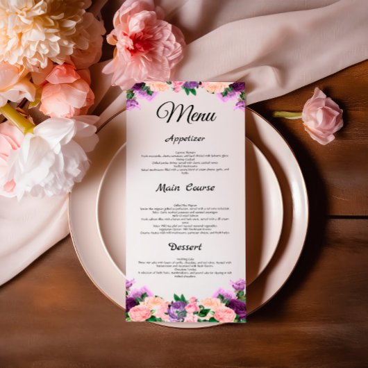 Lavendel Paarse Perzik Roze Bloemen Wedding Menu