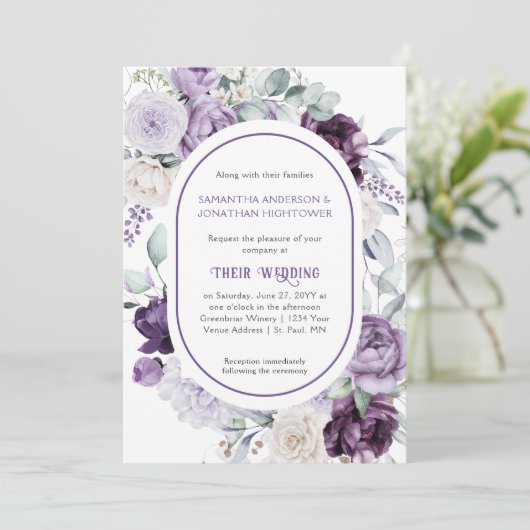 Lavendel Paarse pioenen Ovaal Border Wedding | Kaart (Staand voorkant)