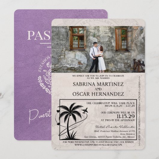 Lavendel Paarse Puerta Vallarta Paspoort bruiloft Kaart (Voorkant / Achterkant)