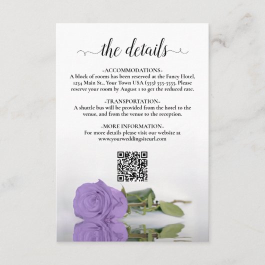 Lavendel Paarse Roos bruiloft details QR-code Informatiekaartje (Voorkant)