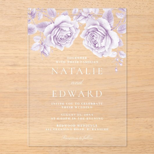  Lavendel Paarse Rozen bruiloft Acryl Uitnodigingen (Voorkant)