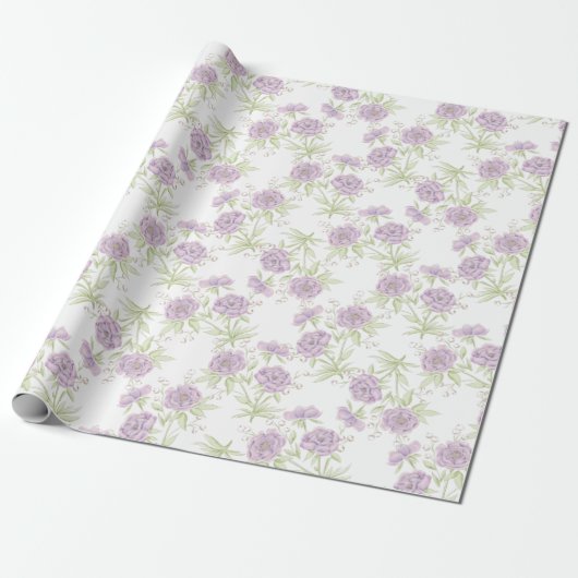 Lavendel Paarse Rozen Bruiloft Cadeaupapier (Uitgerold)