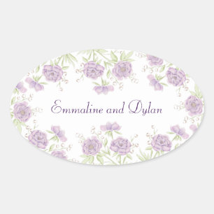 Lavendel Paarse Rozen Bruiloft Ovale Sticker
