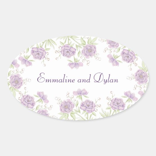 Lavendel Paarse Rozen Bruiloft Ovale Sticker (Voorkant)