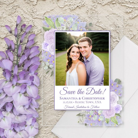 Lavendel Paarse Rozen bruiloft Save the Date Foto Acryl Uitnodigingen