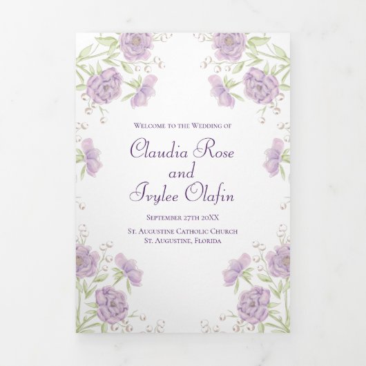 Lavendel Paarse Rozen Huwelijksprogramma's Drieluik Programma (Cover)
