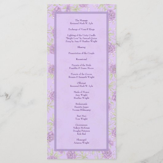 Lavendel Paarse Rozen Huwelijksprogramma's Menu (Achterkant)