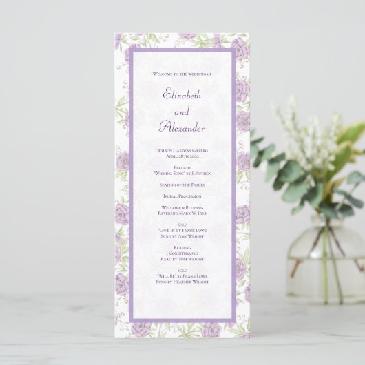 Lavendel Paarse Rozen Huwelijksprogramma's Menu (Staand voorkant)