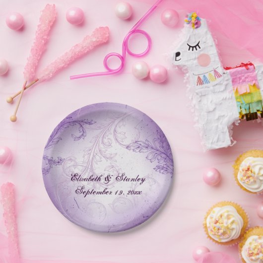  lavendel paarse scroll leaf bruiloft papieren bordje (Feest)