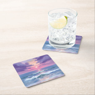 Lavendel Paarse Strand Zonsondergang Aquarel Kartonnen Onderzetters