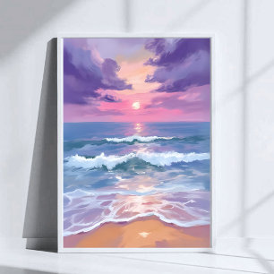Lavendel Paarse Strand Zonsondergang Aquarel Poster