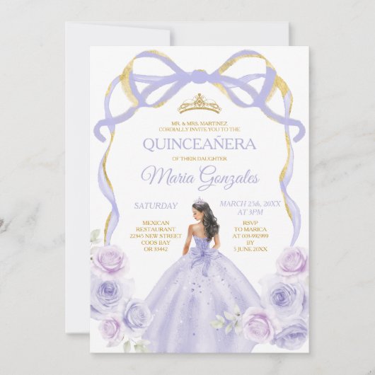 Lavendel Paarse strik Princess Gold Quinceañera Kaart (Voorkant)