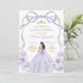 Lavendel Paarse strik Princess Gold Quinceañera Kaart (Staand voorkant)
