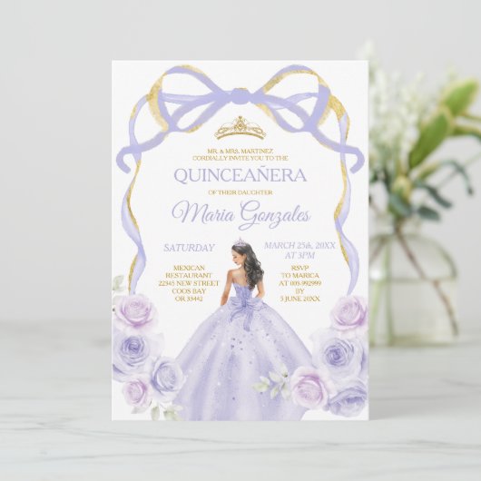 Lavendel Paarse strik Princess Gold Quinceañera Kaart (Staand voorkant)