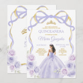 Lavendel Paarse strik Princess Gold Quinceañera Kaart (Voorkant / Achterkant)