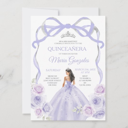 Lavendel Paarse strik Princess Silver Quinceañera Kaart (Voorkant)