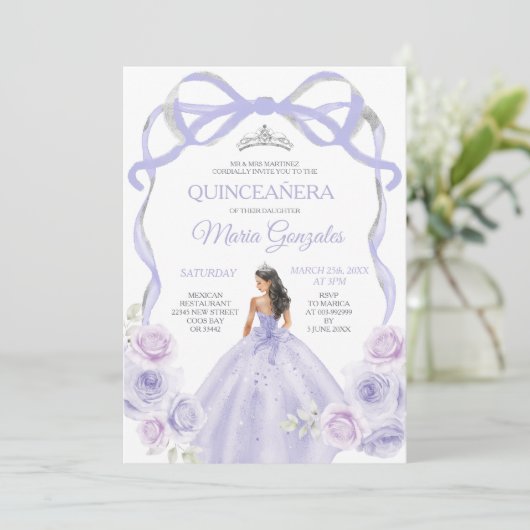 Lavendel Paarse strik Princess Silver Quinceañera Kaart (Staand voorkant)